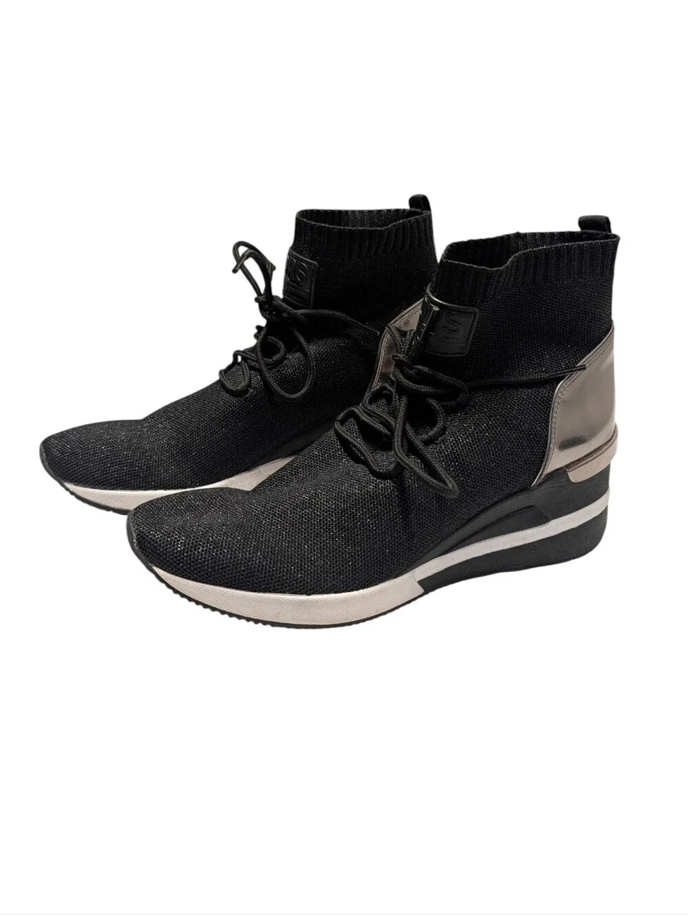Michael Kors Women's Skyler Black Knit High Top Sock Sneakers Metallic Heel Sz 9